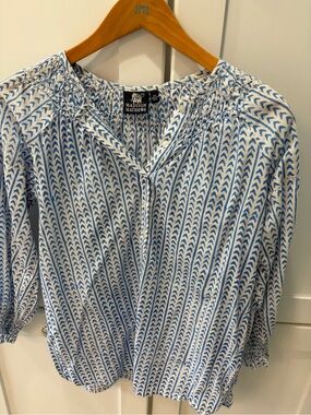 Madison Mathews Blue & White Printed Smocked Blouse